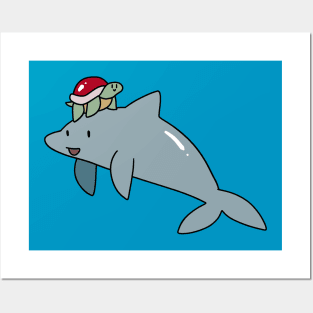 Turtle Riding a Dolphin Posters and Art